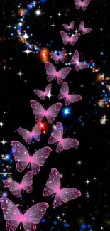 Pink butterflies flutter in a cosmic starry sky.