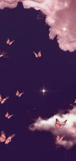 Pink butterflies fluttering in a starry night sky.