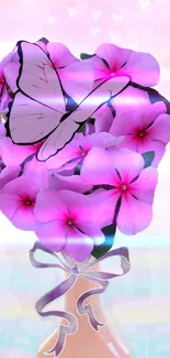 Pink flowers with butterfly on mobile wallpaper.