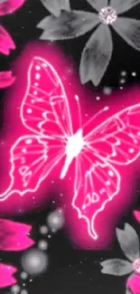 Vibrant pink butterfly with grey flowers on a mobile wallpaper.