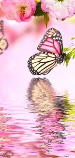 Pink butterfly and blossoms reflect on serene waters.