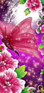 A vibrant pink butterfly with floral design on purple background.