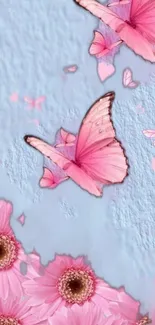 Pink butterflies and flowers on a soft blue background mobile wallpaper.