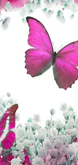 Vibrant pink butterflies among pastel blossoms.