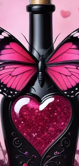 Elegant pink butterfly on a decorative bottle with heart design.