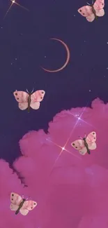 Pink butterflies against a starry night sky with clouds and a crescent moon.