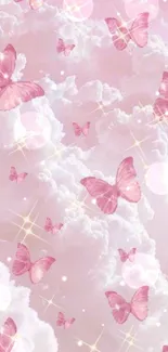 Dreamy wallpaper with pink butterflies and clouds.