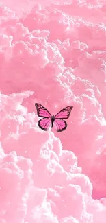 Pink butterfly floats above fluffy pink clouds.