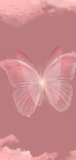 Ethereal pink butterfly with soft clouds in a dreamy wallpaper.