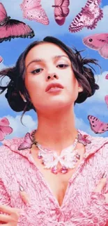 Woman surrounded by pink butterflies in a dreamy sky.