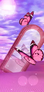 Pink butterflies flutter over a surreal desert landscape.