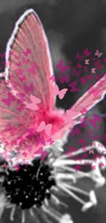 Pink butterfly on flower with vibrant artistic effect.