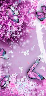 Pink fantasy wallpaper with butterflies and flowers.