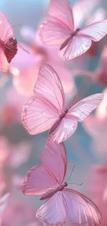 Dreamy pink butterflies floating in soft light.