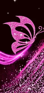 Vibrant pink butterfly wallpaper with sparkles on a dark background.