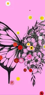 Pink butterfly and floral design on a vivid pink background.