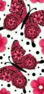 Pink butterflies and flowers on a decorative mobile wallpaper.