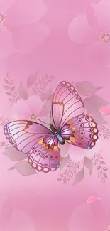 Pink butterfly with floral pattern wallpaper.