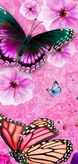 Vibrant pink wallpaper with butterflies and flowers.