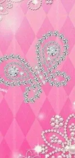 Elegant pink wallpaper with diamond butterfly design.