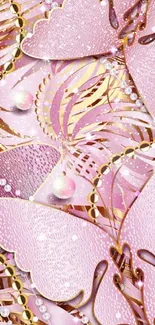 Pink butterfly wallpaper with golden accents and sparkling details.