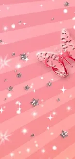 Pink wallpaper with butterfly and stars.