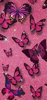 Pink glitter background with vibrant butterflies.