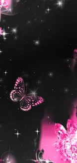 Elegant pink butterfly glitter wallpaper with black background.