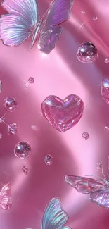 Pink wallpaper with butterflies and hearts.