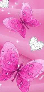 Pink butterfly and heart mobile wallpaper with detailed patterns.