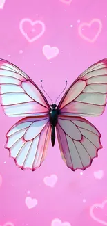 Pink butterfly on heart-patterned background.