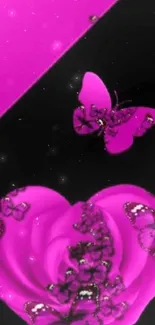 Pink heart with butterflies on black background wallpaper.