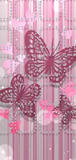 Pink butterfly wallpaper with hearts and textured design.