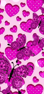 Pink butterflies and hearts wallpaper with polka dots on a vibrant background.