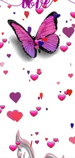 Pink butterfly and hearts love mobile wallpaper.