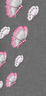 Stylish wallpaper featuring pink butterflies on a grey textured background.