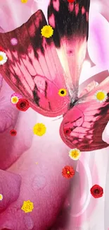 Pink butterfly with floral background wallpaper.