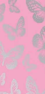 Pink wallpaper with grey butterflies design.