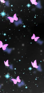 Pink butterflies flutter in a starry night sky with neon accents, perfect for mobiles.