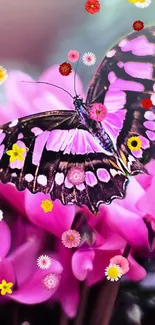 Pink butterfly and flowers in lush green setting, vibrant and captivating.