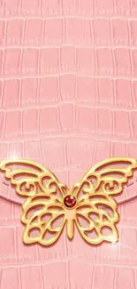 Pink wallpaper with gold butterfly design on a textured background.