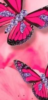 Pink butterflies on floral background wallpaper.