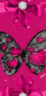 Pink butterfly and ribbon wallpaper with elegant magenta and dark tones.