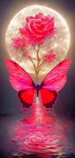 Pink butterfly with roses against a glowing moon background.