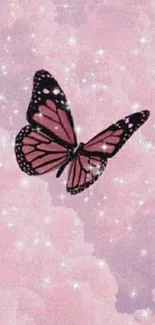 Pink butterfly in soft pink sky with clouds and stars wallpaper.