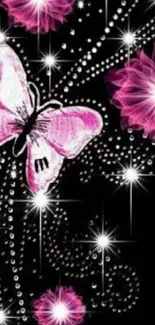 Pink butterfly and sparkle design with flowers.