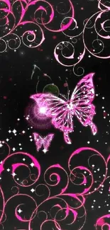 Glowing pink butterfly on a black background with swirling patterns.