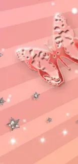 Pink butterfly on striped background with stars.