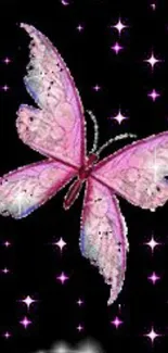 Pink butterfly with sparkling stars on black background.