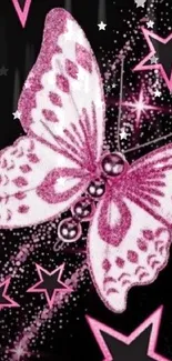 Pink butterfly and star-themed mobile wallpaper.